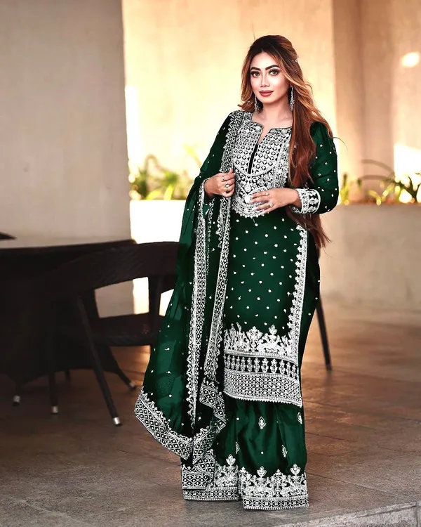 Green_Ready_Made_Pure_Chinnon_Silk_Heavy_Sequence_Top_Bottom_With_Work_Salwar_Suit_For_Women