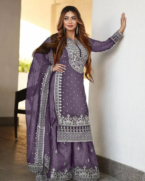 Lavender_Ready_Made_Pure_Chinnon_Silk_Heavy_Sequence_Top_Bottom_With_Work_Sharara_Suit_For_Women