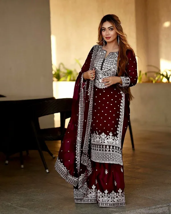 Marron_Ready_Made_Pure_Chinnon_Silk_Heavy_Sequence_Top_Bottom_With_Work_Sharara_Suit_For_Women