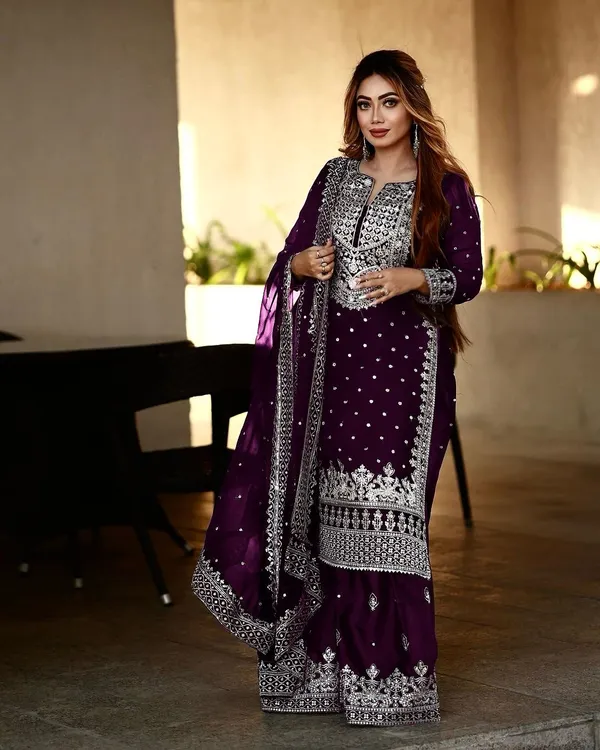 Purple_Ready_Made_Pure_Chinnon_Silk_Heavy_Sequence_Top_Bottom_With_Work_Sharara_Suit_For_Women