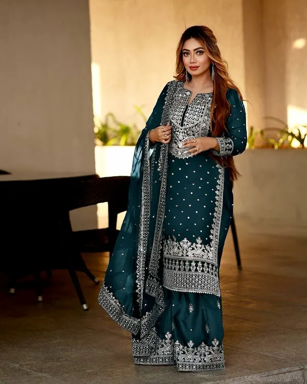 Teal_Blue_Ready_Made_Pure_Chinnon_Silk_Heavy_Sequence_Top_Bottom_With_Work_Sharara_Suit_For_Women