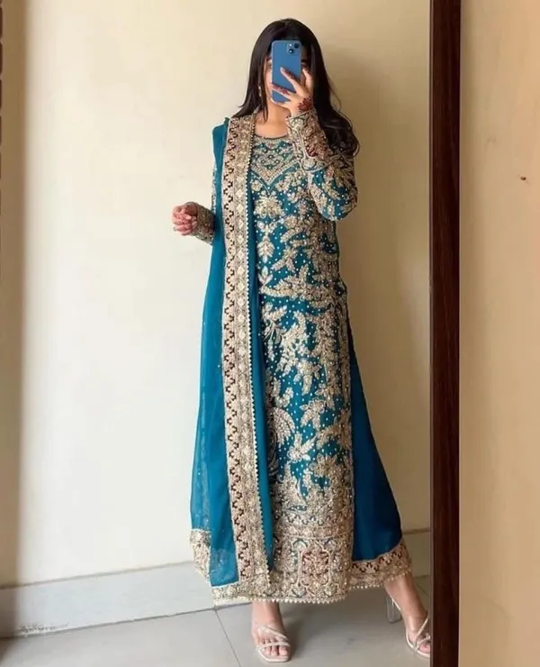 Teal_Blue_Heavy_Faux_Georgette_With_Heavy_Embroidery_Work_With_Diamond_Handwork_Palazzo_Suit_For_Women
