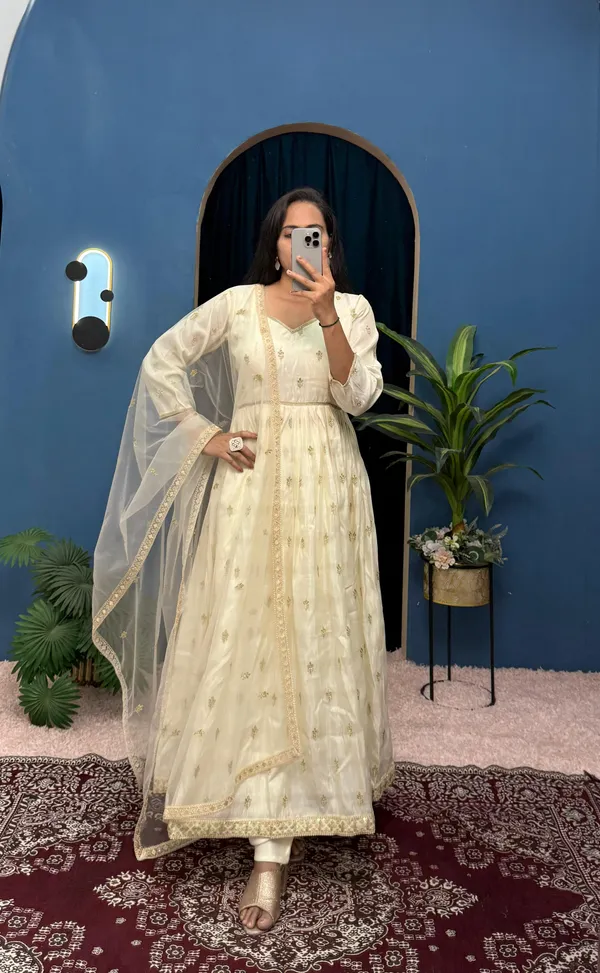 White_Superhit_Trending_3_Piece_Gown_Suit_Set_With_Fully_Embroidered_On_Chimmar_Fabric_With_Stitch_Churidar_Pent_For_Women