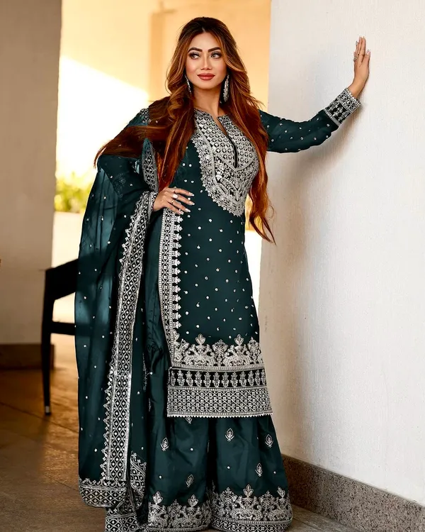 Teal_Blue_Ready_Made_Pure_Chinnon_Silk_Heavy_Sequence_Top_Bottom_With_Work_Sharara_Suit_For_Women