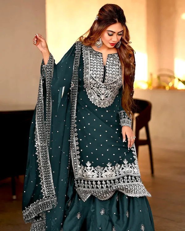 Teal_Blue_Ready_Made_Pure_Chinnon_Silk_Heavy_Sequence_Top_Bottom_With_Work_Sharara_Suit_For_Women