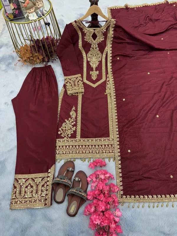 Maroon_Ready_Made_Pure_Chinnon_Silk_Heavy_Sequence_Top_Bottom_With_Work_Salwar_Suit_For_Women
