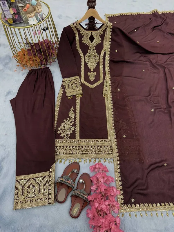 Coffee_Heavy_Chinon_Silk_With_Heavy_Embroidery_Work_For_Women