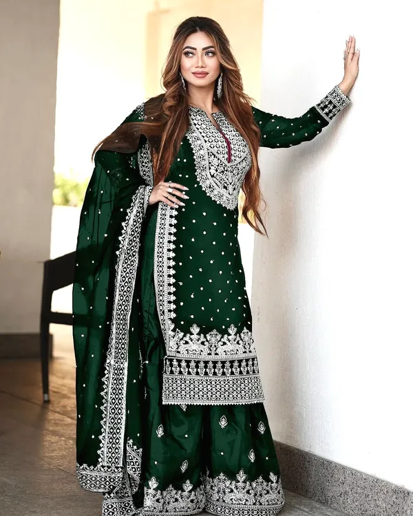 Green_Ready_Made_Pure_Chinnon_Silk_Heavy_Sequence_Top_Bottom_With_Work_Salwar_Suit_For_Women