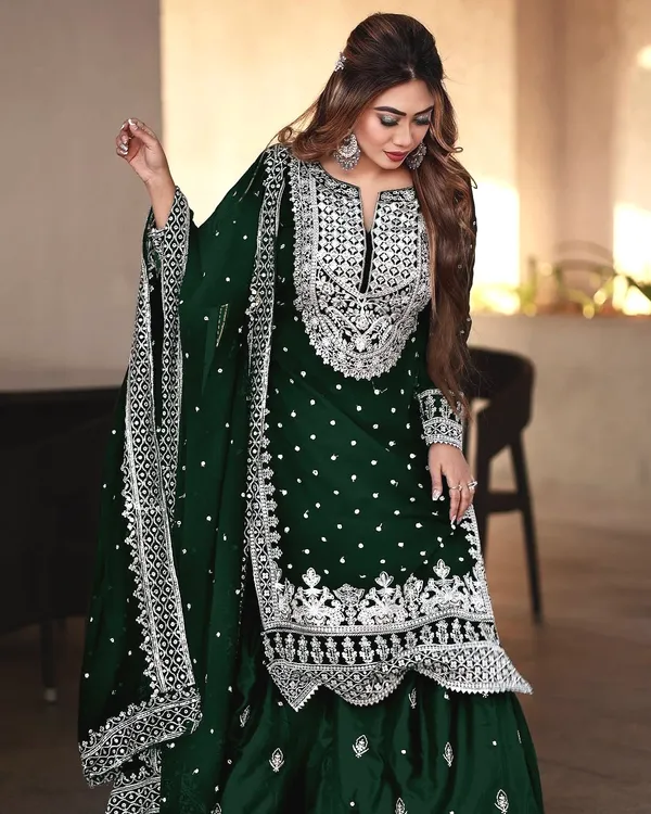 Green_Ready_Made_Pure_Chinnon_Silk_Heavy_Sequence_Top_Bottom_With_Work_Salwar_Suit_For_Women