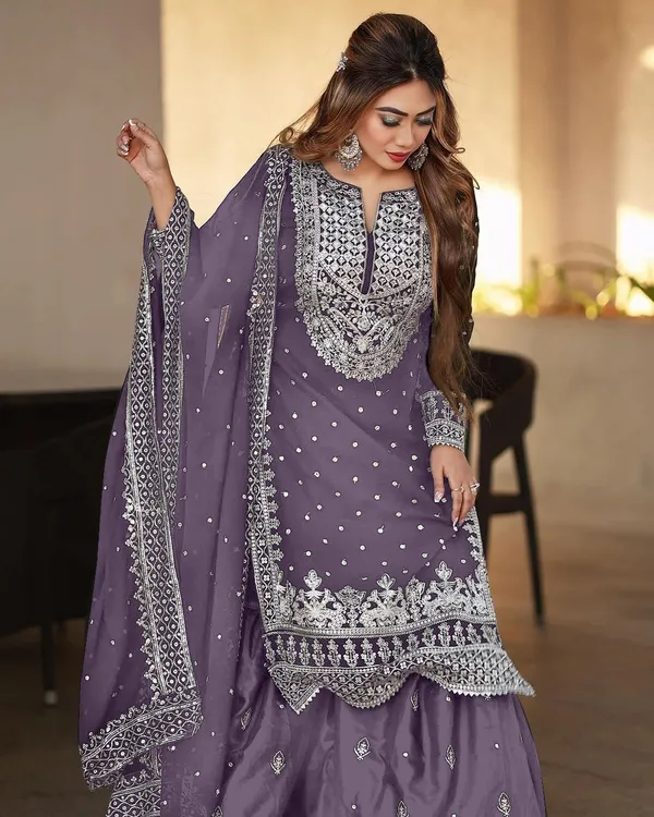 Lavender_Ready_Made_Pure_Chinnon_Silk_Heavy_Sequence_Top_Bottom_With_Work_Sharara_Suit_For_Women