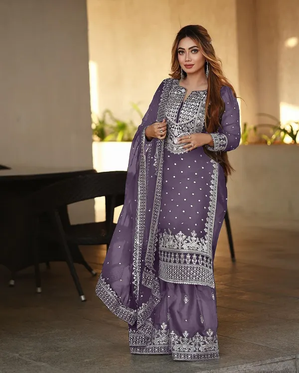 Lavender_Ready_Made_Pure_Chinnon_Silk_Heavy_Sequence_Top_Bottom_With_Work_Sharara_Suit_For_Women