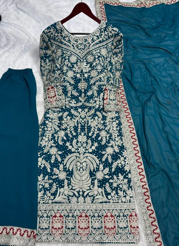 Teal_Blue_Heavy_Faux_Georgette_With_Heavy_Embroidery_Work_With_Diamond_Handwork_Palazzo_Suit_For_Women
