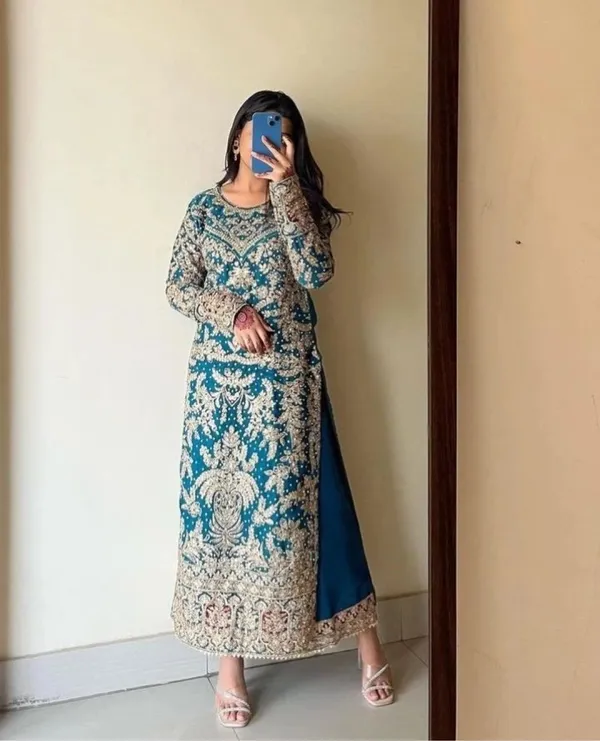 Teal_Blue_Heavy_Faux_Georgette_With_Heavy_Embroidery_Work_With_Diamond_Handwork_Palazzo_Suit_For_Women