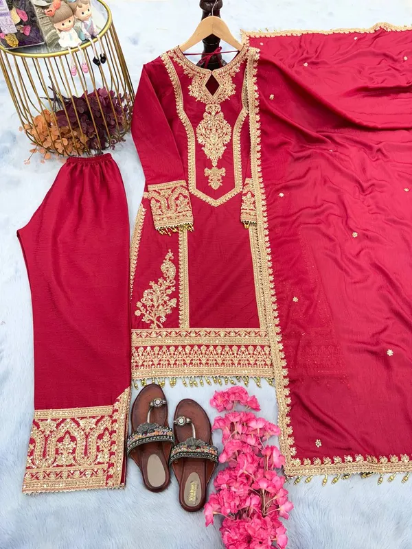Red_Heavy_Chinon_Silk_With_Heavy_Embroidery_Work_For_Women