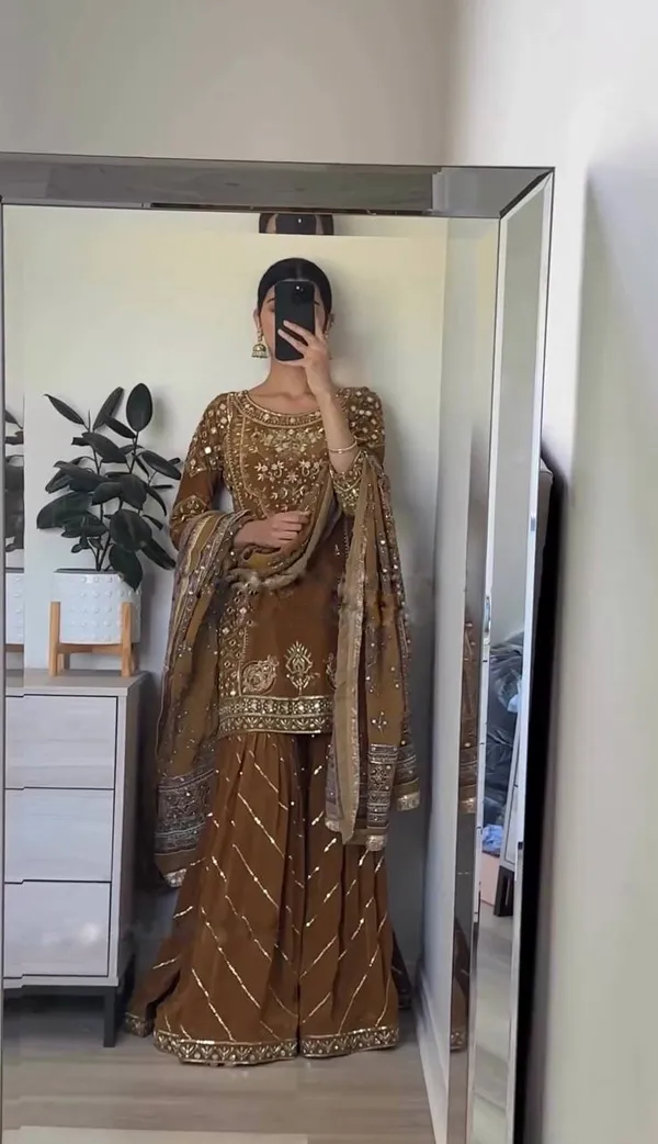 Graceful_Brown_Heavy_Chinon_Silk_With_5Mm_Embroidery_Sequence_Work_Sharara_For_Women