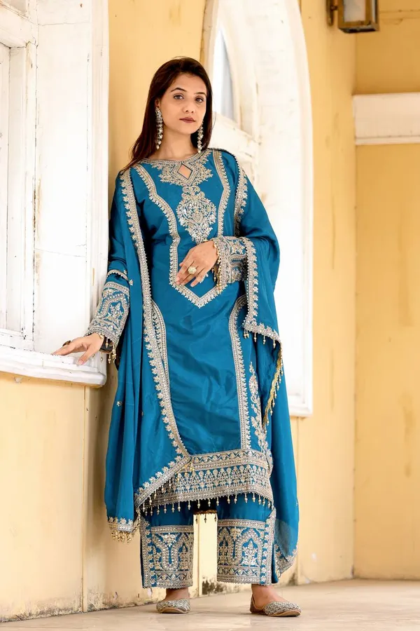 Teal_Blue_Heavy_Chinon_Silk_With_Heavy_Embroidery_Work_For_Women