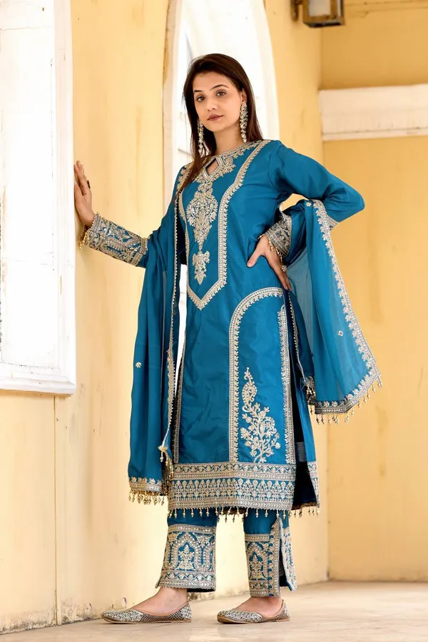 Teal_Blue_Heavy_Chinon_Silk_With_Heavy_Embroidery_Work_For_Women