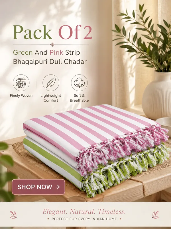 Pack_Of_2_Green_And_Pink_Strip_Bhagalpuri_Dull_Chadar