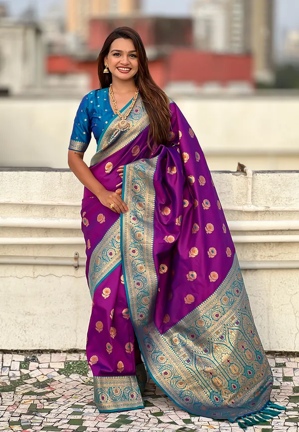Purple_Soft_Silk_With_Flower_Butta_Meenakari_Motifs_Saree_With_Blouse_Piece_For_Women_&_Girl