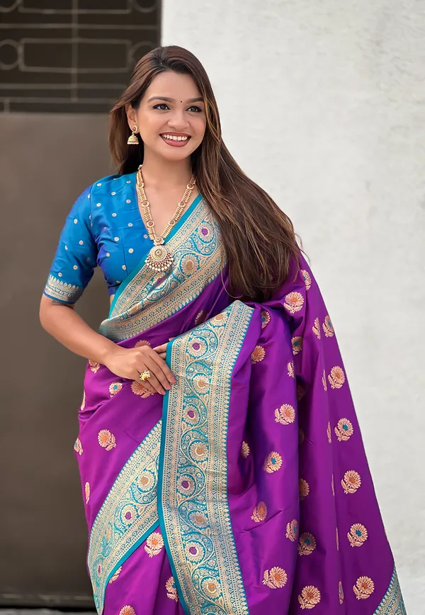 Purple_Soft_Silk_With_Flower_Butta_Meenakari_Motifs_Saree_With_Blouse_Piece_For_Women_&_Girl