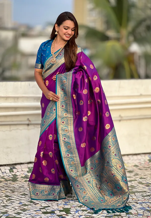 Purple_Soft_Silk_With_Flower_Butta_Meenakari_Motifs_Saree_With_Blouse_Piece_For_Women_&_Girl