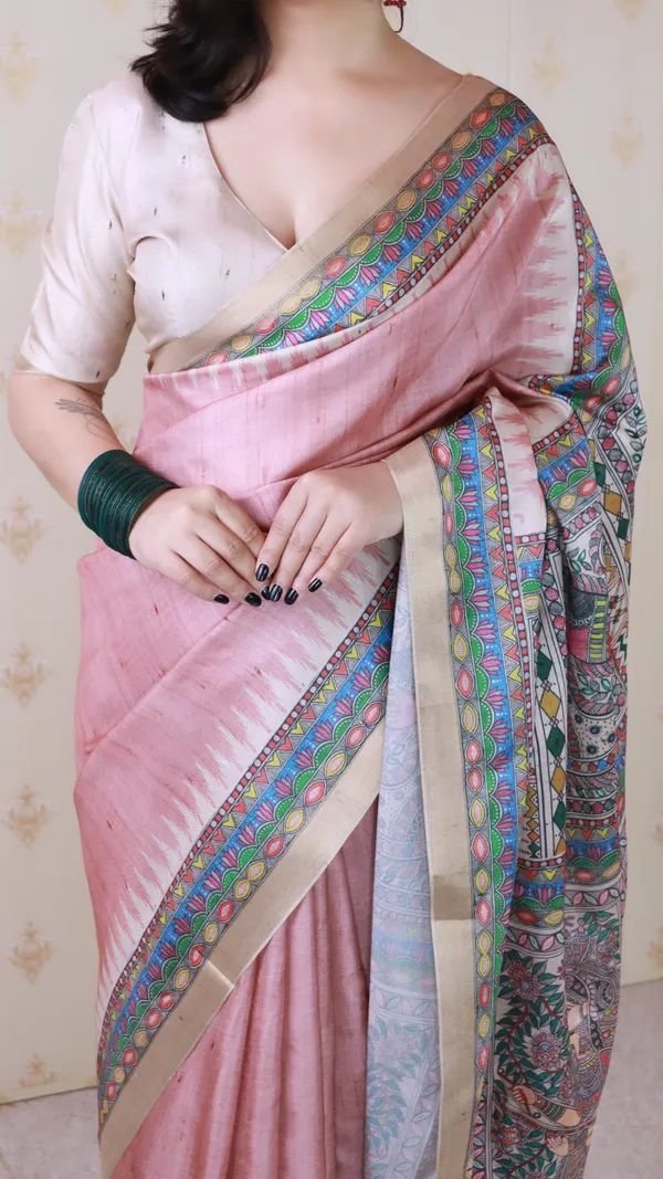 Pink_Tussar_Silk_With_Zari_Woven_Saree_With_Blouse_Piece_For_Women_&_Girl