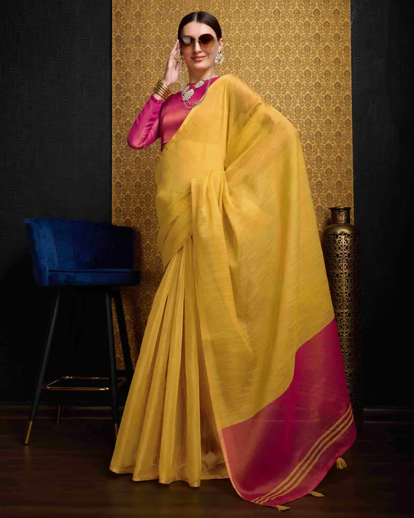Yellow_Linen_Saree_For_Women_&_Girls