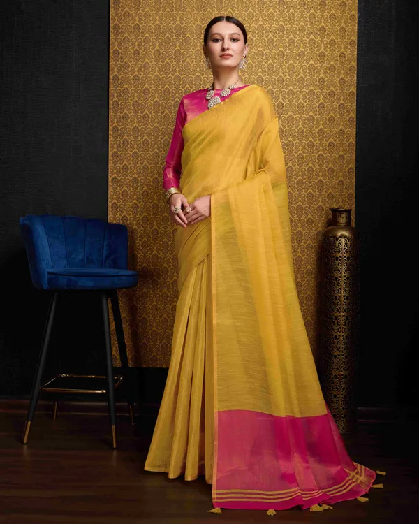 Yellow_Linen_Saree_For_Women_&_Girls
