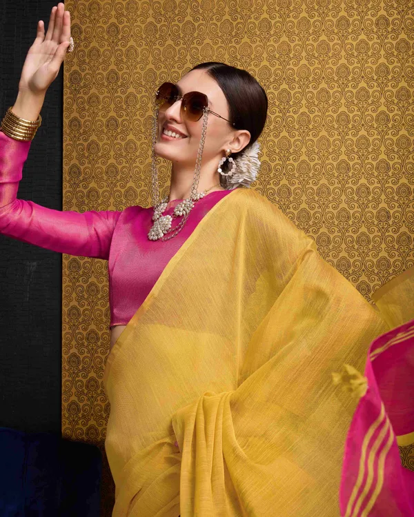 Yellow_Linen_Saree_For_Women_&_Girls