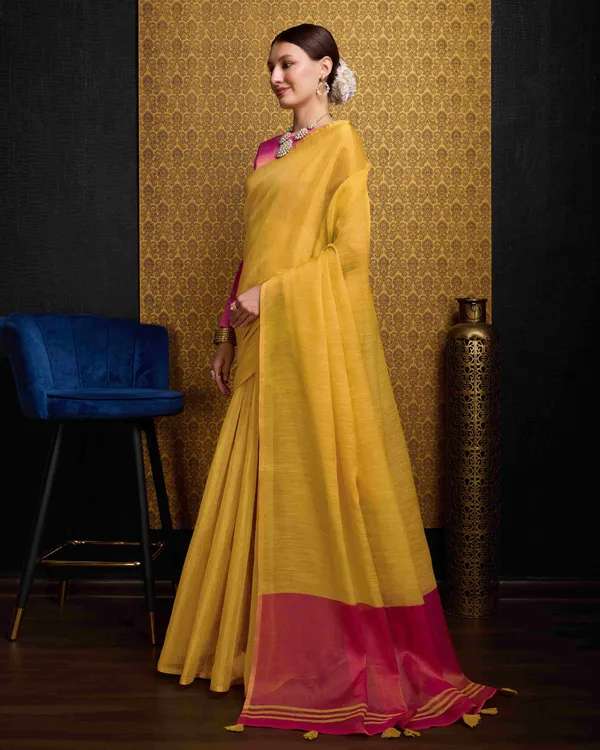 Yellow_Linen_Saree_For_Women_&_Girls