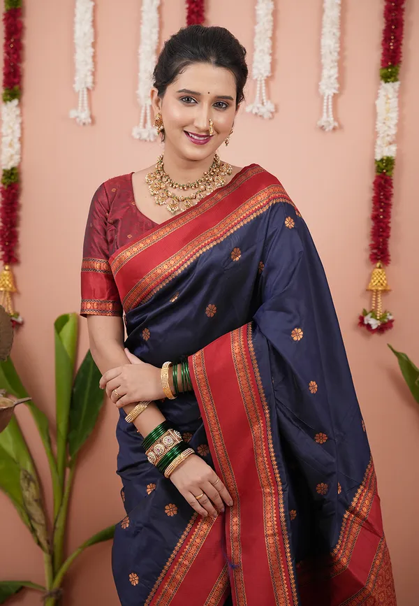 Navy_Soft_Silk_With_Floral_Motifs_Weaved_Saree_With_Blouse_Piece_For_Women_&_Girl