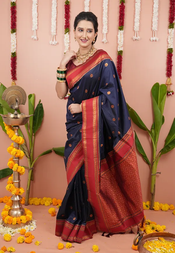 Navy_Soft_Silk_With_Floral_Motifs_Weaved_Saree_With_Blouse_Piece_For_Women_&_Girl