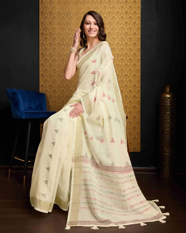 Cream_Organza_Saree_For_Women_&_Girls