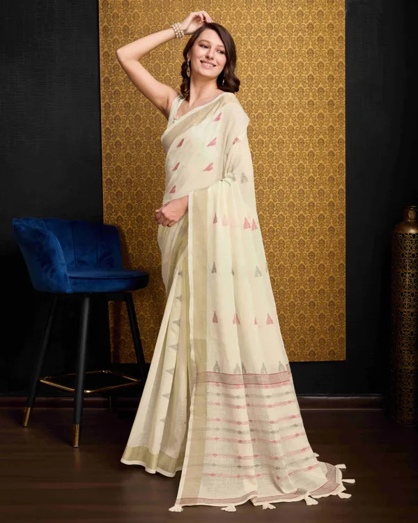 Cream_Organza_Saree_For_Women_&_Girls