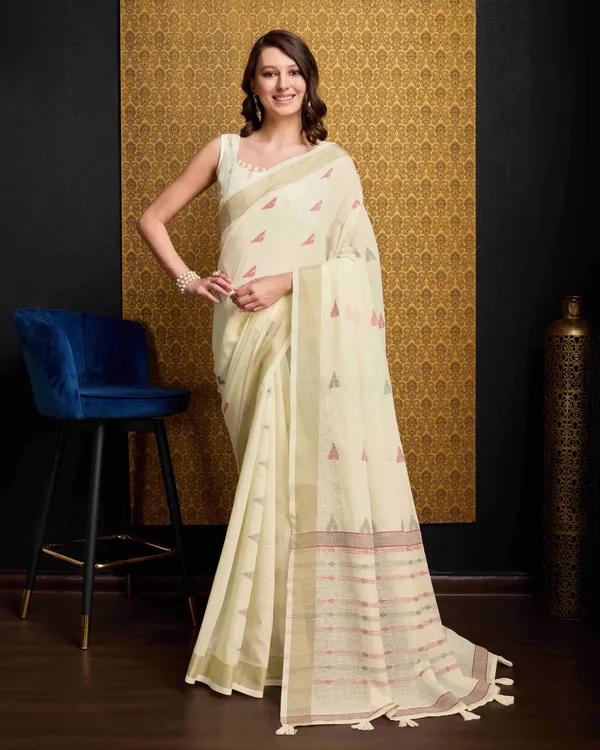 Cream_Organza_Saree_For_Women_&_Girls