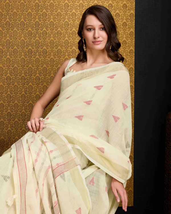 Cream_Organza_Saree_For_Women_&_Girls