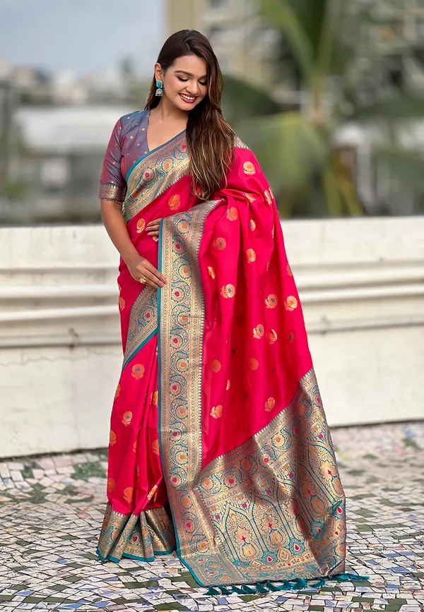 Red_Soft_Silk_With_Flower_Butta_Meenakari_Motifs_Saree_With_Blouse_Piece_For_Women_&_Girl