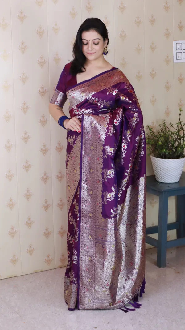 Wine_Premium_Banarasi_Soft_Silk_With_Silver_Zari_Meenakari_Jaal_Weaved_Saree_With_Blouse_Piece_For_Women_&_Girl