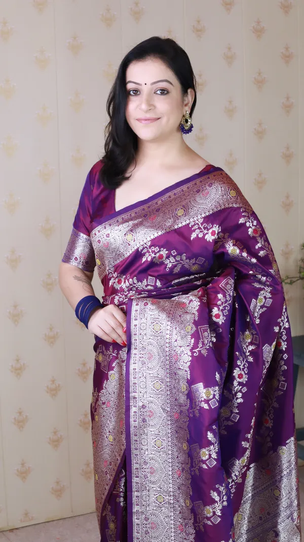 Wine_Premium_Banarasi_Soft_Silk_With_Silver_Zari_Meenakari_Jaal_Weaved_Saree_With_Blouse_Piece_For_Women_&_Girl