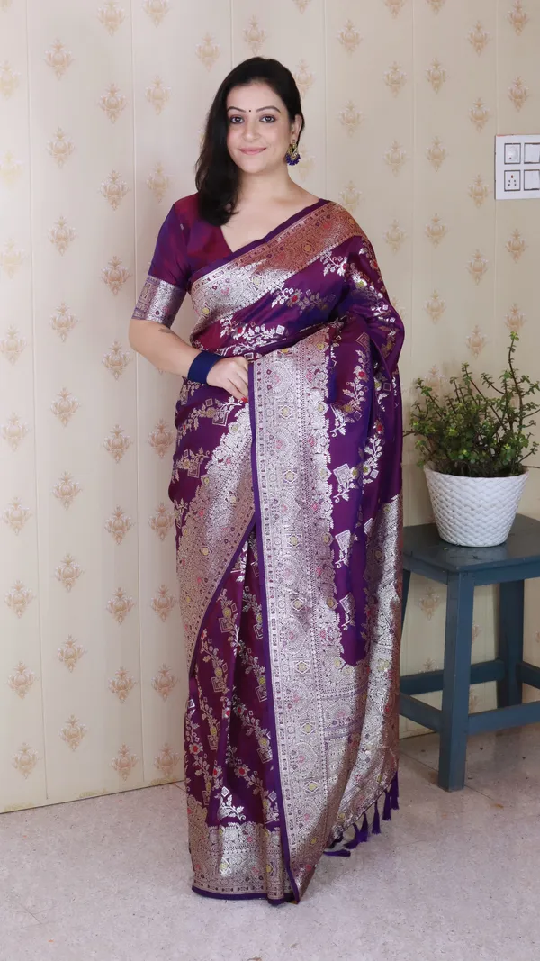 Wine_Premium_Banarasi_Soft_Silk_With_Silver_Zari_Meenakari_Jaal_Weaved_Saree_With_Blouse_Piece_For_Women_&_Girl