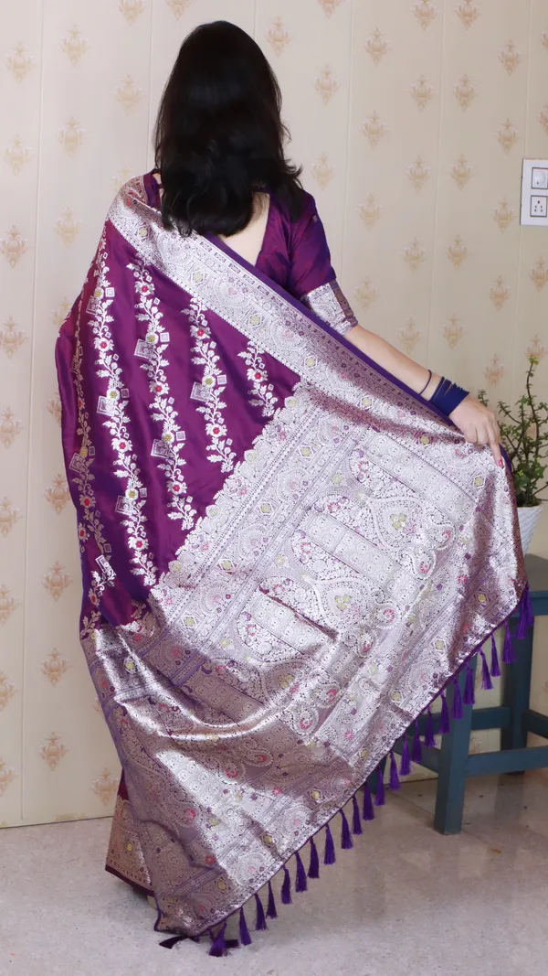 Wine_Premium_Banarasi_Soft_Silk_With_Silver_Zari_Meenakari_Jaal_Weaved_Saree_With_Blouse_Piece_For_Women_&_Girl