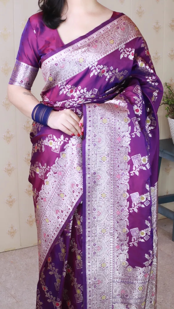 Wine_Premium_Banarasi_Soft_Silk_With_Silver_Zari_Meenakari_Jaal_Weaved_Saree_With_Blouse_Piece_For_Women_&_Girl