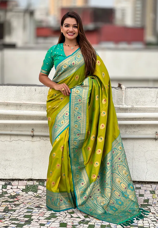 Mehandi_Soft_Silk_With_Flower_Butta_Meenakari_Motifs_Saree_With_Blouse_Piece_For_Women_&_Girl