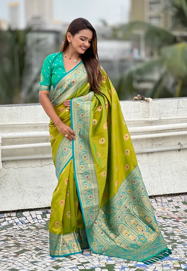 Mehandi_Soft_Silk_With_Flower_Butta_Meenakari_Motifs_Saree_With_Blouse_Piece_For_Women_&_Girl