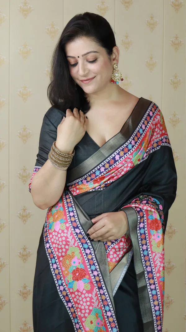 Black_Tussar_Silk_With_Floral_Prints_Saree_With_Blouse_Piece_For_Women_&_Girl