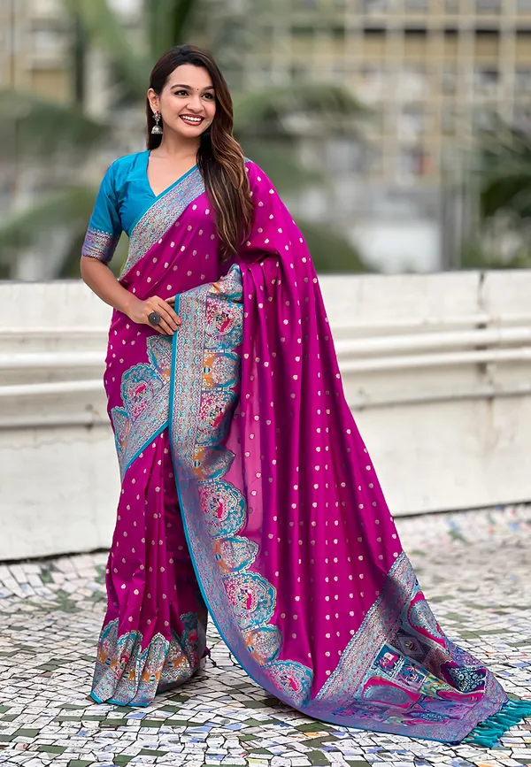 Magenta_Pashmina_Darbari_Saree_With_Gold_Zari_Weaved_Saree_With_Blouse_Piece_For_Women_&_Girl