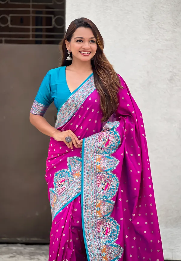 Magenta_Pashmina_Darbari_Saree_With_Gold_Zari_Weaved_Saree_With_Blouse_Piece_For_Women_&_Girl