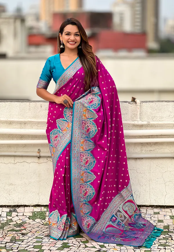 Magenta_Pashmina_Darbari_Saree_With_Gold_Zari_Weaved_Saree_With_Blouse_Piece_For_Women_&_Girl