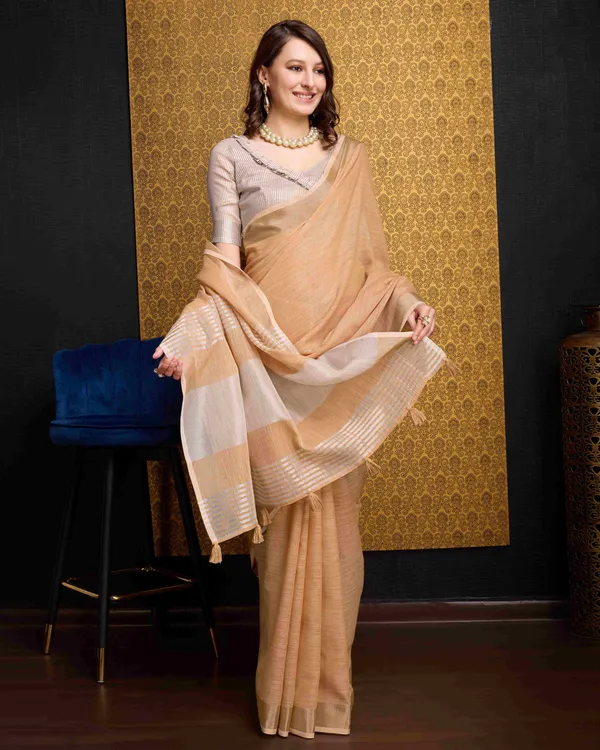Light_Orange_Linen_Saree_For_Women_&_Girls