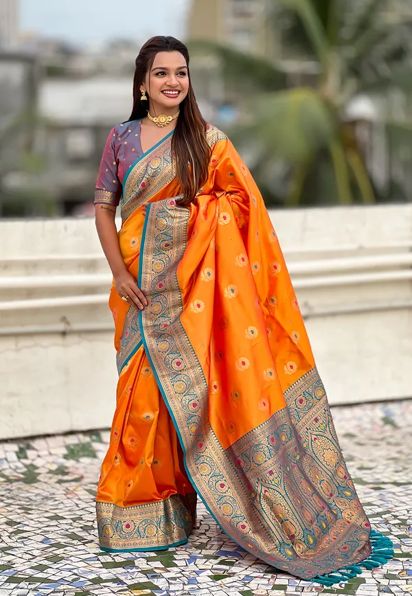 Orange_Soft_Silk_With_Flower_Butta_Meenakari_Motifs_Saree_With_Blouse_Piece_For_Women_&_Girl